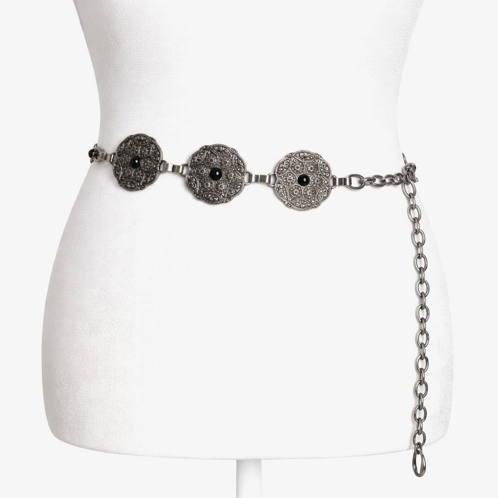 Unbranded Silver Tone Filigree Medallion Link Metal Chain Belt Bead Accent Boho